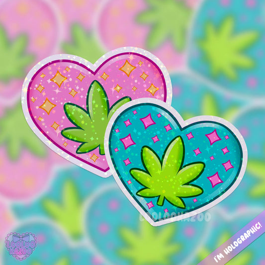 Holographic Pink and Green 420 Kawaii Heart Vinyl Sticker: Pink